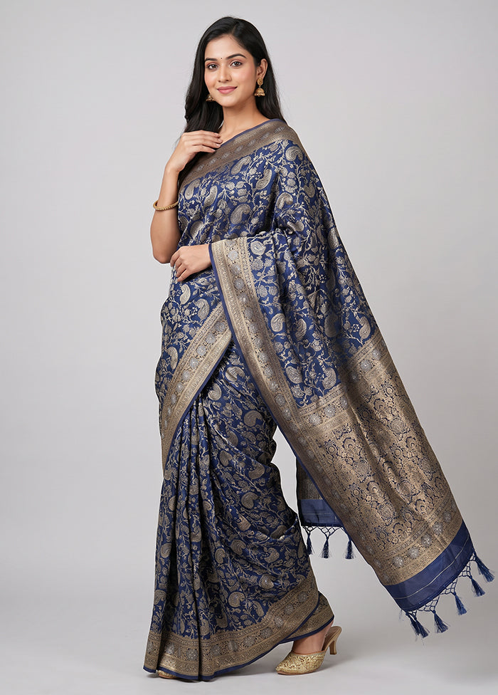 Blue Dupion Silk Saree With Blouse Piece