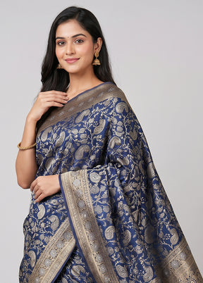 Blue Dupion Silk Saree With Blouse Piece