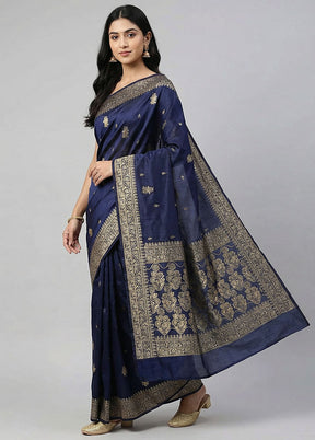 Blue Dupion Silk Saree With Blouse Piece