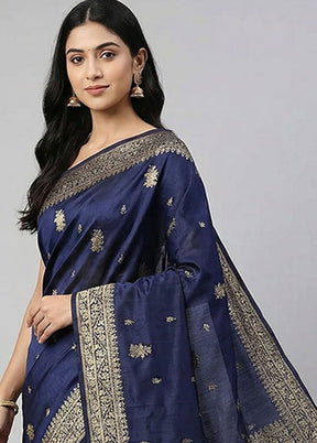 Blue Dupion Silk Saree With Blouse Piece