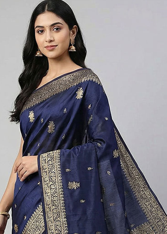 Blue Dupion Silk Saree With Blouse Piece