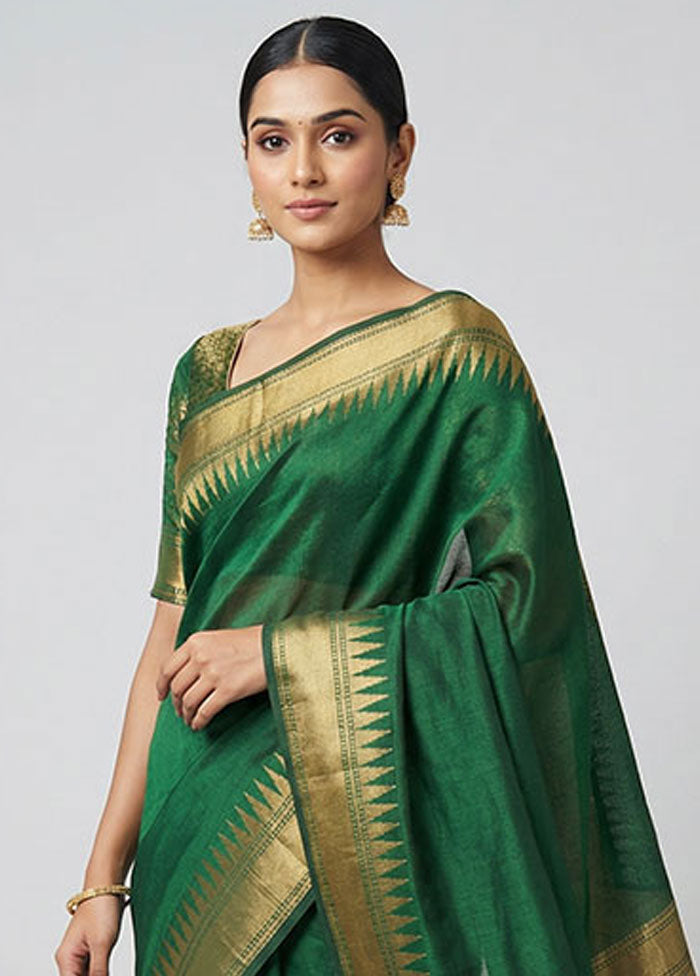 Green Dupion Silk Saree With Blouse Piece