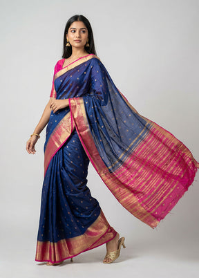 Blue Dupion Silk Saree With Blouse Piece