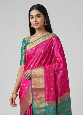 Pink Handloom Kanjivaram Pure Silk Saree With Blouse Piece