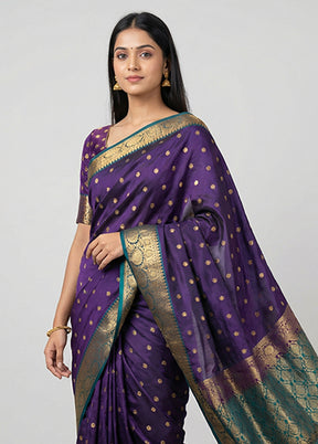 Purple Handloom Kanjivaram Pure Silk Saree With Blouse Piece