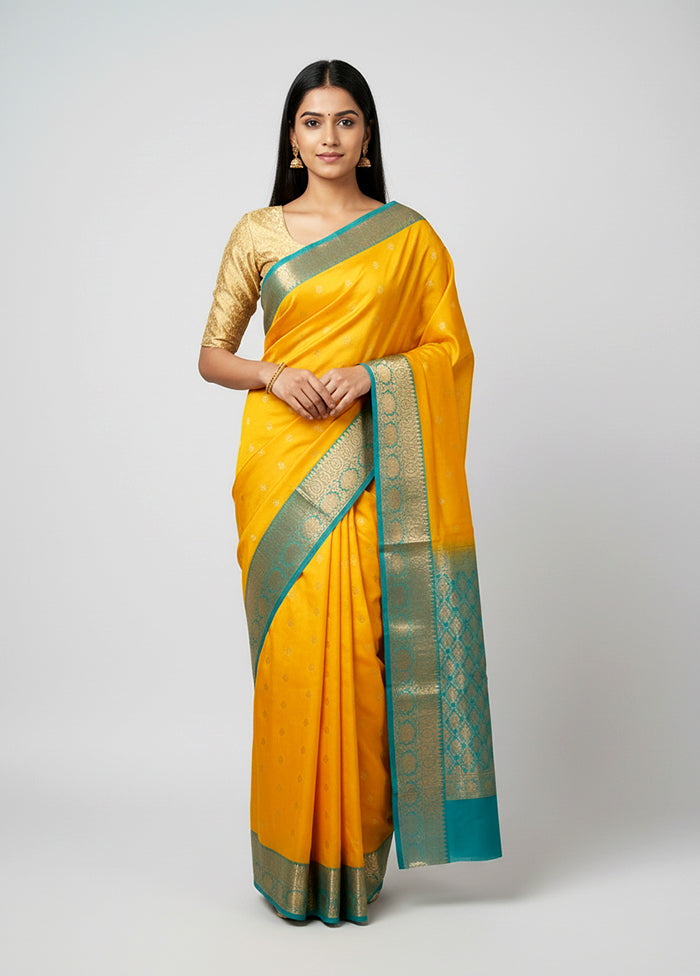 Yellow Handloom Kanjivaram Pure Silk Saree With Blouse Piece