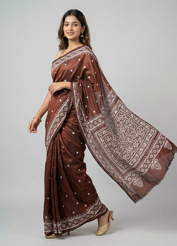 Maroon Kantha Stitch Silk Saree With Blouse Piece