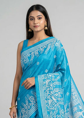Blue Kantha Stitch Silk Saree With Blouse Piece