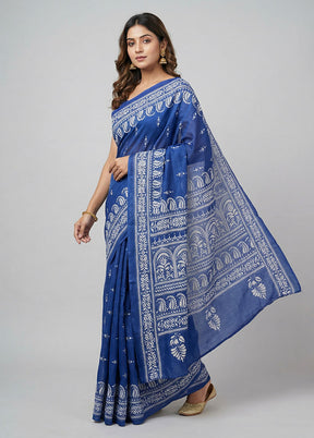 Blue Kantha Stitch Silk Saree With Blouse Piece