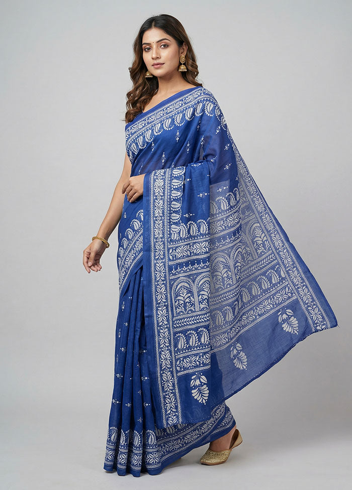 Blue Kantha Stitch Silk Saree With Blouse Piece