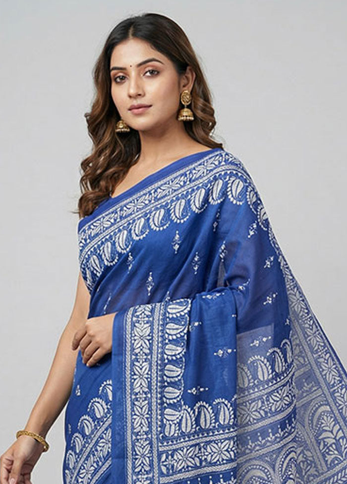 Blue Kantha Stitch Silk Saree With Blouse Piece