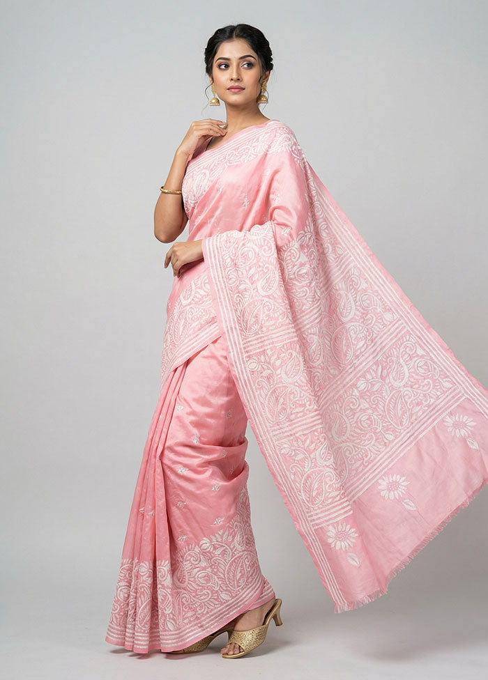 Pink Kantha Stitch Silk Saree With Blouse Piece