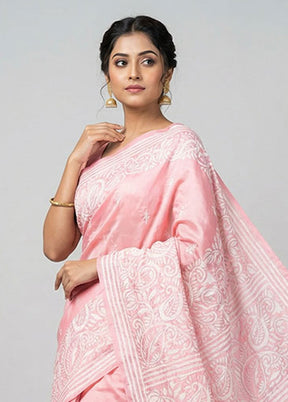 Pink Kantha Stitch Silk Saree With Blouse Piece