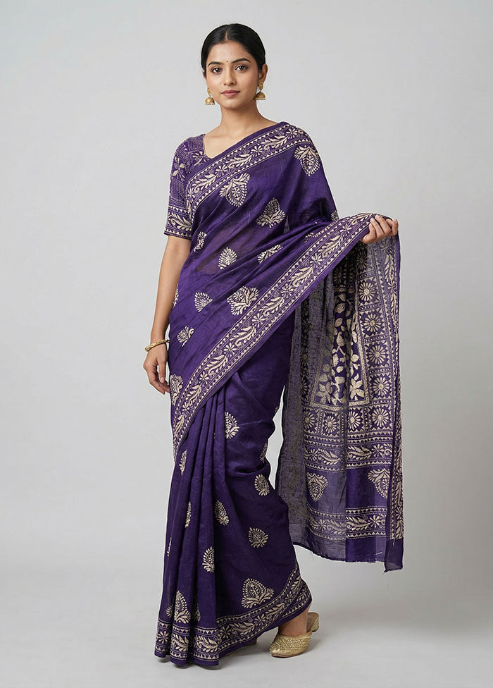 Purple Kantha Stitch Silk Saree With Blouse Piece