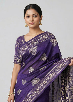 Purple Kantha Stitch Silk Saree With Blouse Piece