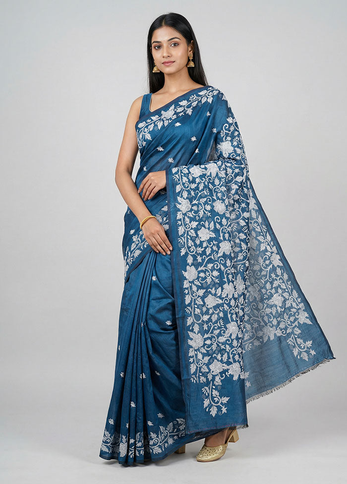 Blue Kantha Stitch Silk Saree With Blouse Piece