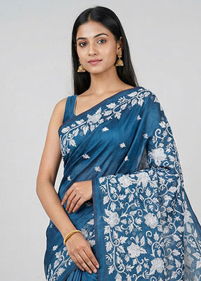 Blue Kantha Stitch Silk Saree With Blouse Piece