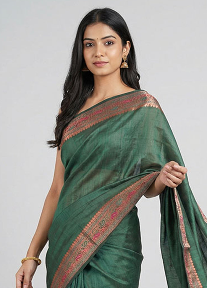 Green Dupion Silk Saree With Blouse Piece