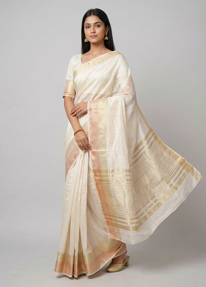 White Dupion Silk Saree With Blouse Piece