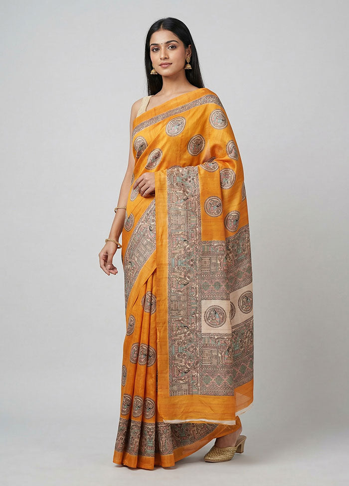 Yellow Dupion Silk Saree With Blouse Piece