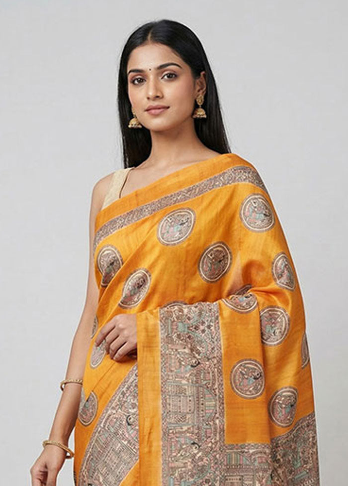Yellow Dupion Silk Saree With Blouse Piece