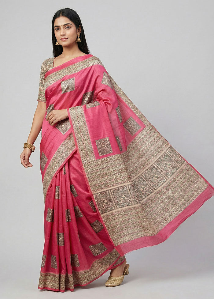 Pink Dupion Silk Saree With Blouse Piece
