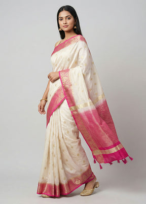 Cream Dupion Silk Saree With Blouse Piece