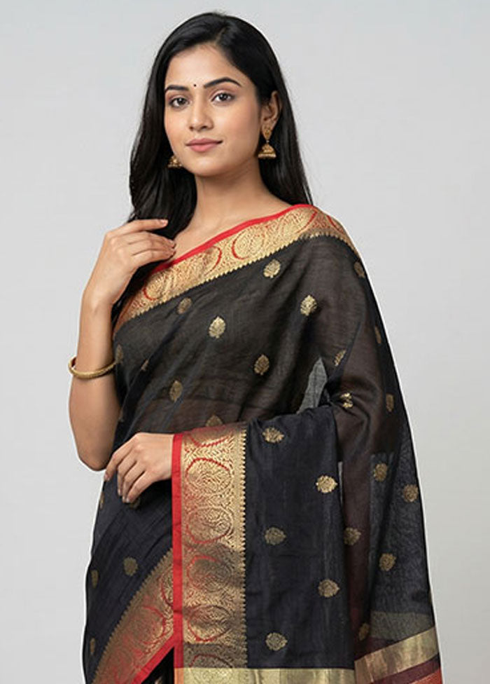 Black Dupion Silk Saree With Blouse Piece