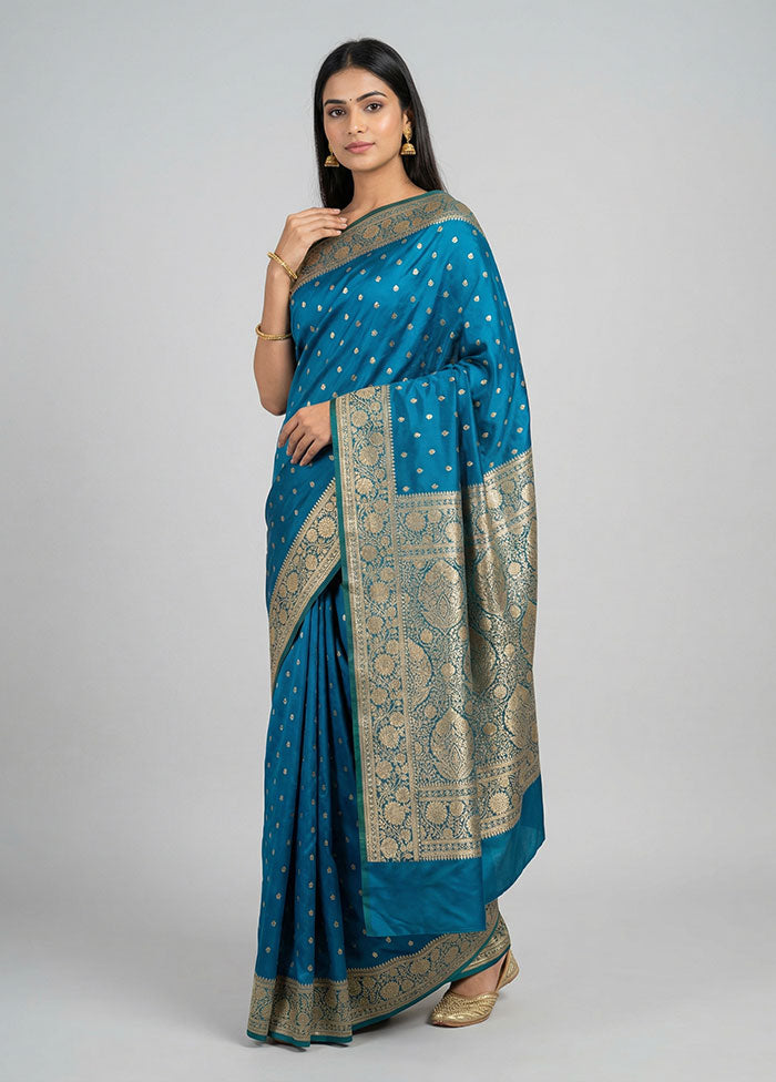 Blue Banarasi Silk Saree With Blouse Piece