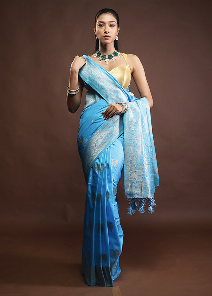 Blue Dupion Silk Saree With Blouse Piece
