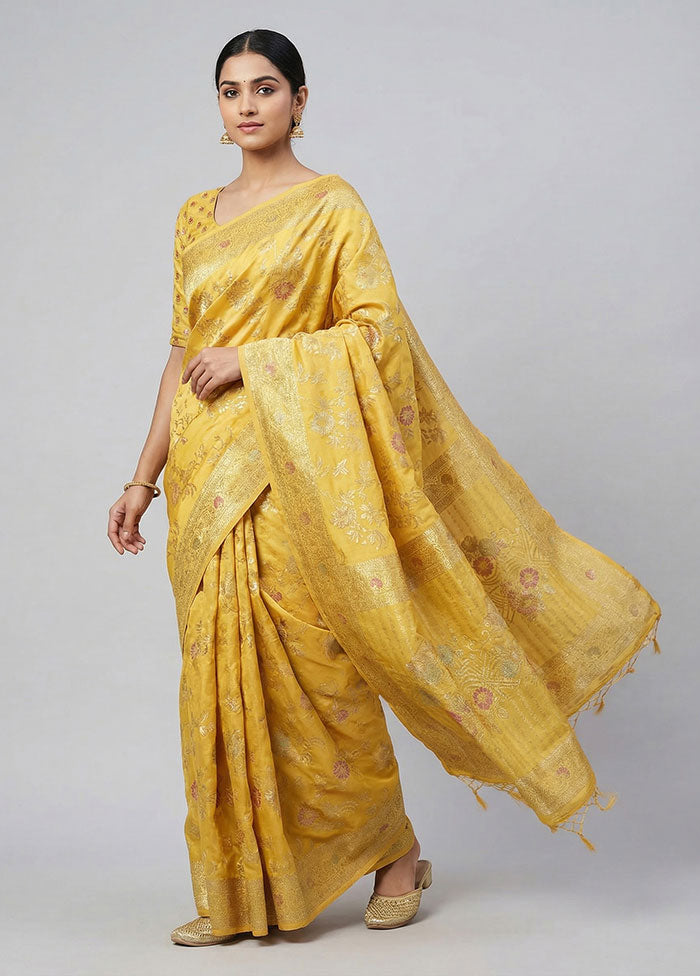 Yellow Dupion Silk Saree With Blouse Piece