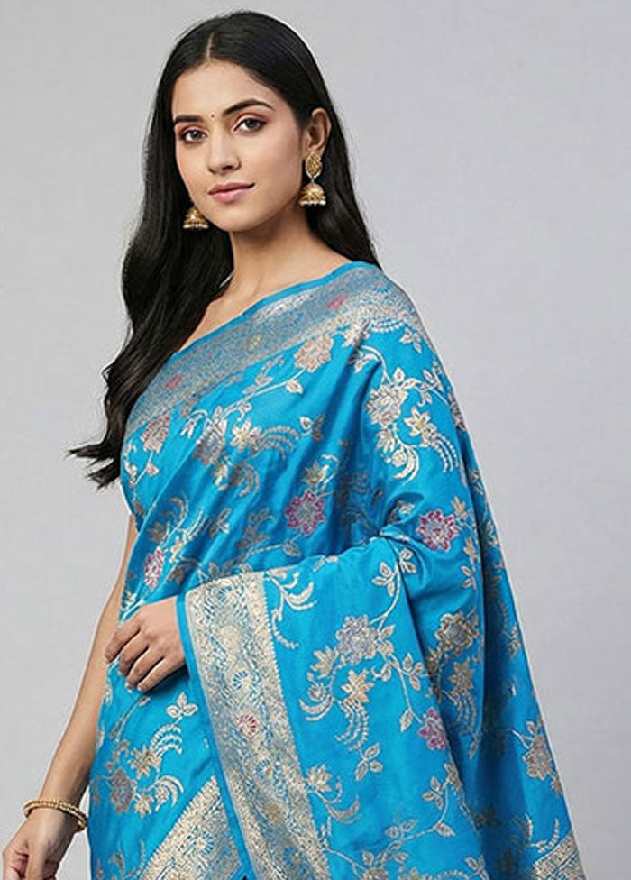 Blue Dupion Silk Saree With Blouse Piece