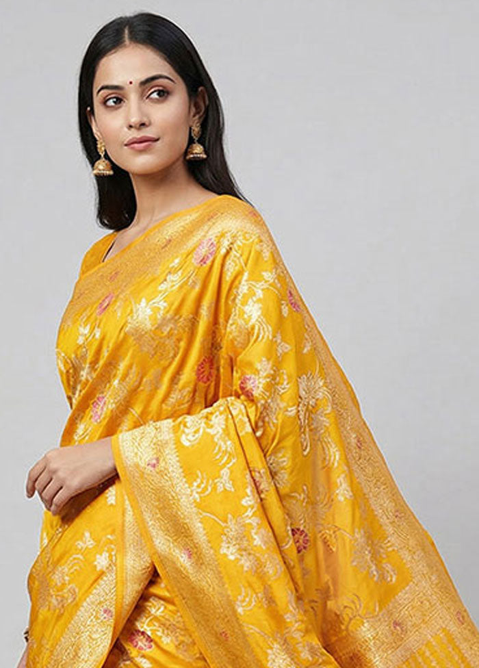 Yellow Dupion Silk Saree With Blouse Piece