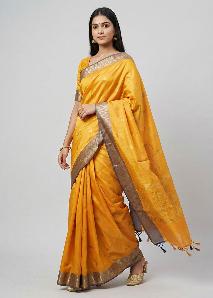 Yellow Dupion Silk Saree With Blouse Piece