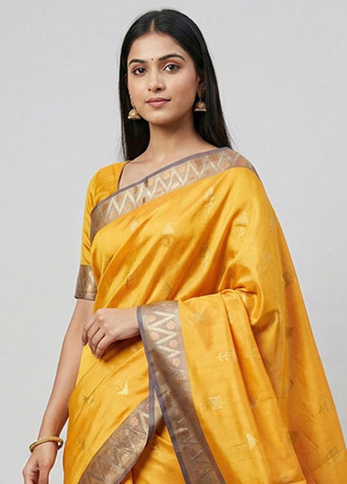Yellow Dupion Silk Saree With Blouse Piece
