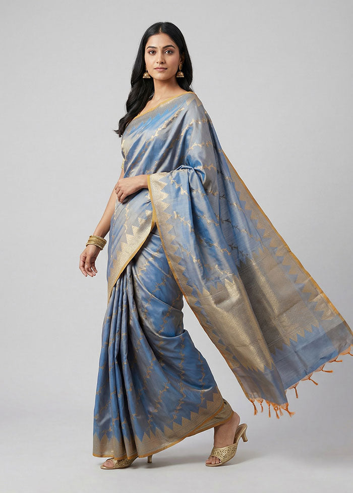Blue Dupion Silk Saree With Blouse Piece