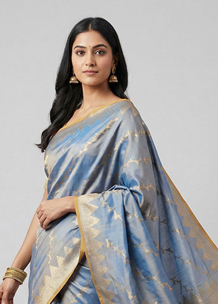 Blue Dupion Silk Saree With Blouse Piece