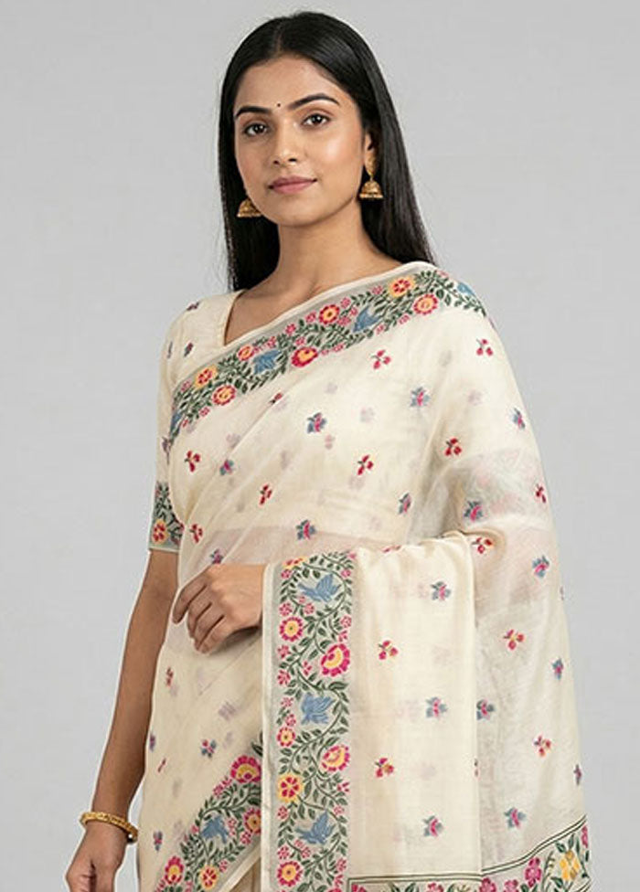 Cream Cotton Saree With Blouse Piece
