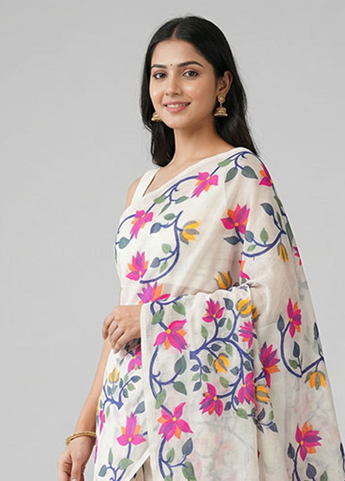 Cream Cotton Saree With Blouse Piece