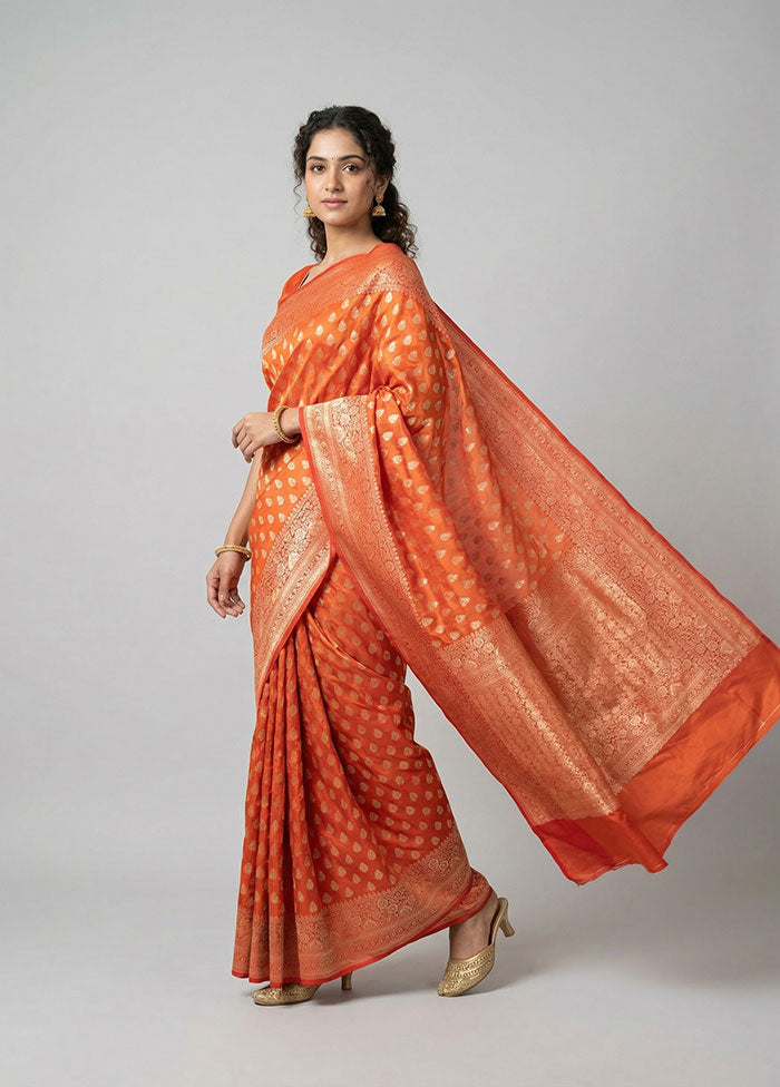 Orange Dupion Silk Saree With Blouse Piece