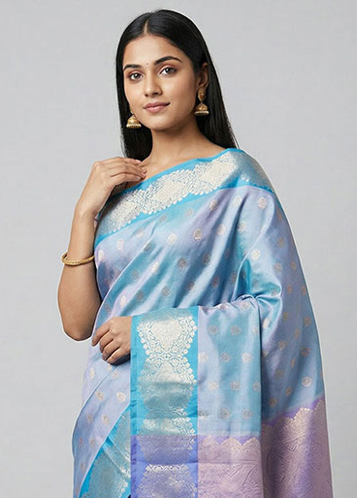 Blue Dupion Silk Saree With Blouse Piece