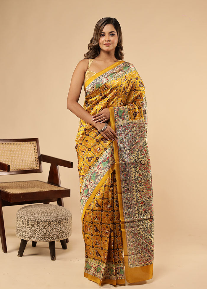Yellow Printed Pure Silk Saree With Blouse Piece