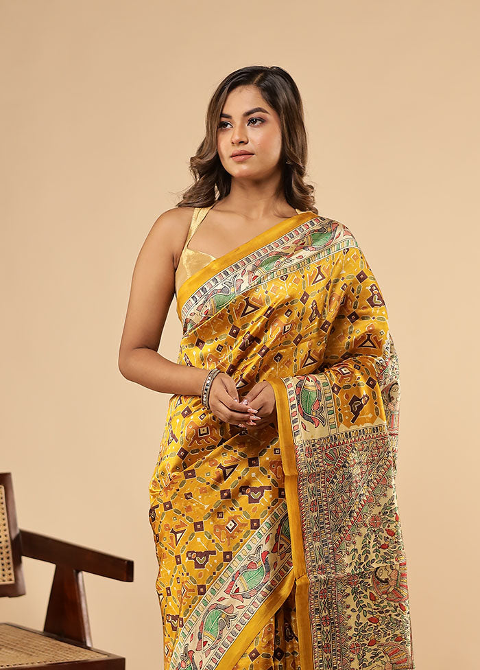 Yellow Printed Pure Silk Saree With Blouse Piece