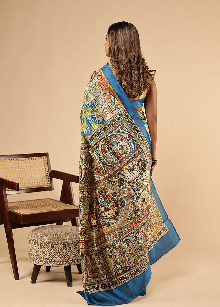 Blue Printed Pure Silk Saree With Blouse Piece