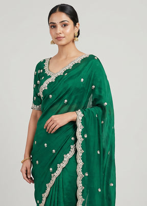 Green Handloom Pure Georgette Saree With Blouse Piece