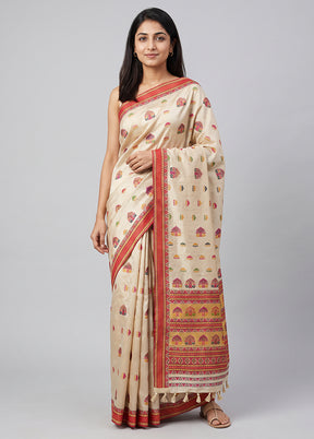 Cream Assam Silk Saree With Blouse Piece