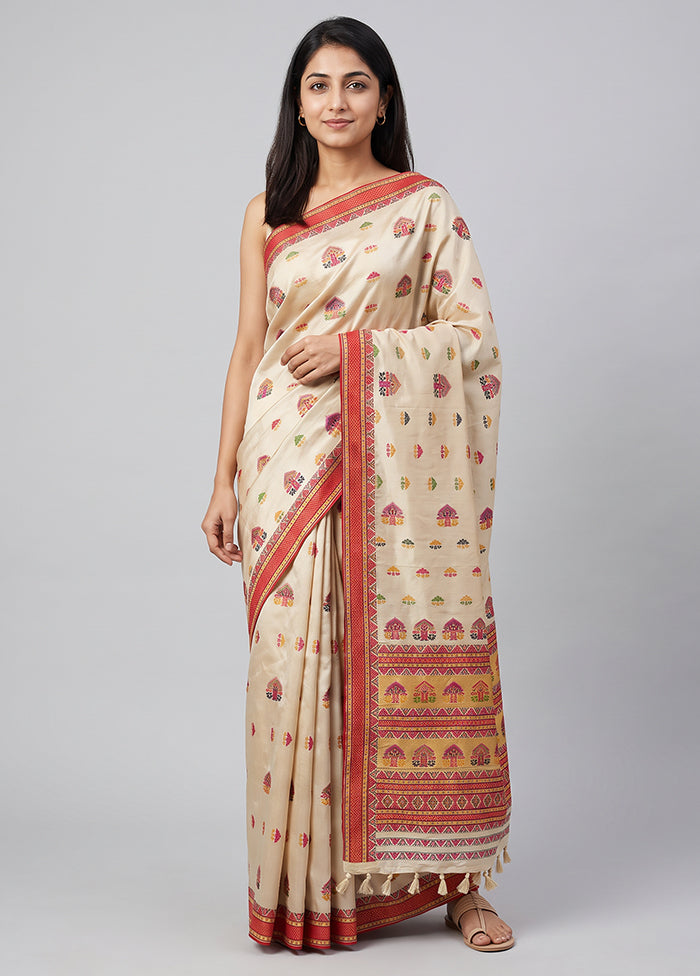 Cream Assam Silk Saree With Blouse Piece