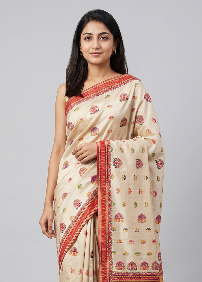 Cream Assam Silk Saree With Blouse Piece