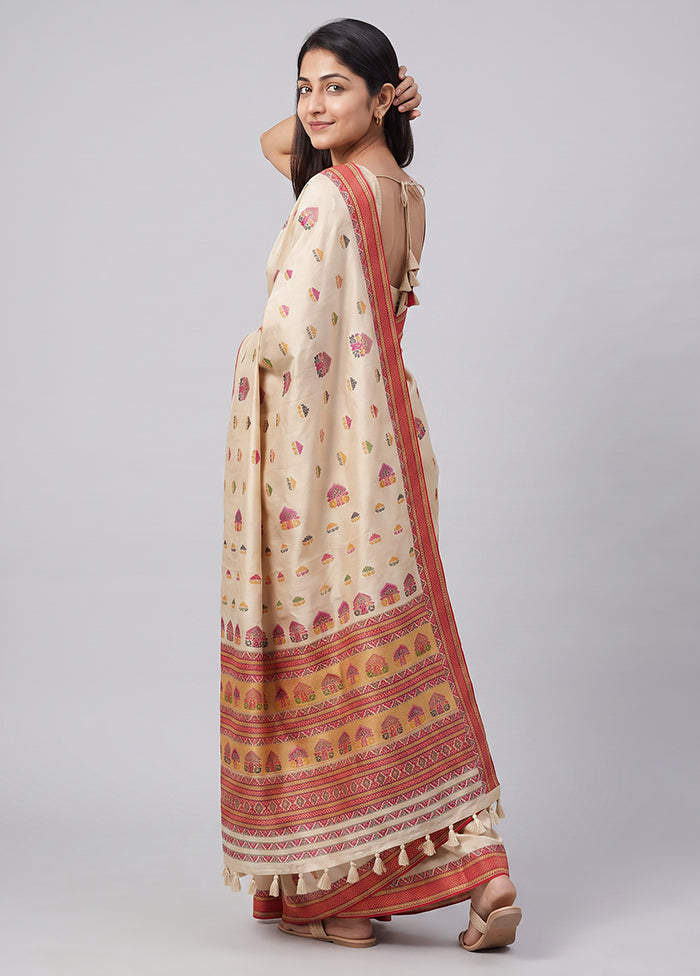 Cream Assam Silk Saree With Blouse Piece