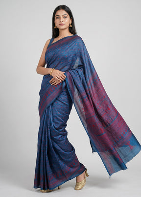 Blue Handloom Kantha Stitch Pure Silk Saree With Blouse Piece